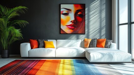 Bright and Inviting Living Room Featuring a Cozy White Couch Surrounded by a Vibrant Colorful Rug Creating a Warm and Comfortable Atmosphere Perfect for Relaxation and Social Gatherings