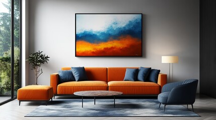 Inviting Living Room Featuring Cozy Couch Elegant Wall Painting Warm Lighting and Tasteful Decor Creating a Relaxing Atmosphere Perfect for Family Gatherings and Casual Conversations