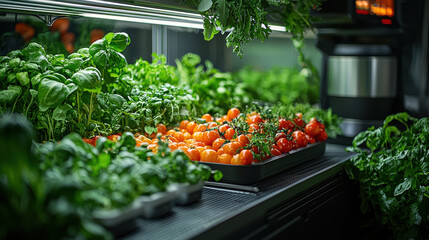 High resolution image of fresh vegetables, including tomatoes and leafy greens, in modern indoor garden setup. vibrant colors and healthy produce showcase food tech innovation