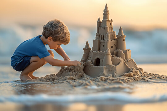 A boy building a sandcastle on the beach.