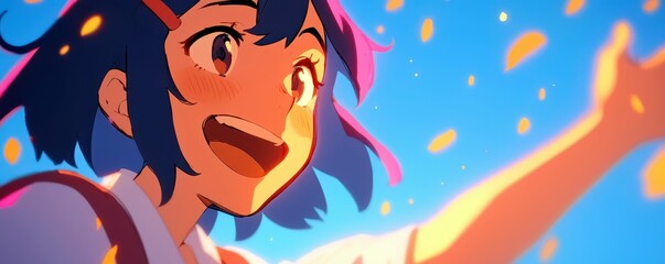 Joyful girl celebrating with open arms and a bright smile against a vibrant blue sky with colorful petals floating all around her, expressing pure happiness and freedom