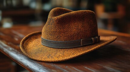 Obraz premium Vintage Explorer Hat on Wooden Table in Natural Light