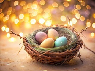 Fototapeta premium Easter Egg Nest Poster Banner Template Low Light Pastel Background Photography
