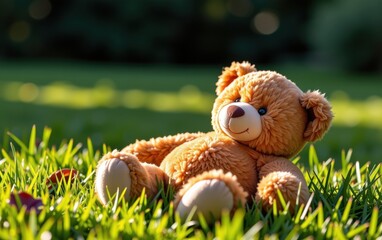A heartwarming image of a soft brown bear relaxing on a bed of lush green grass.