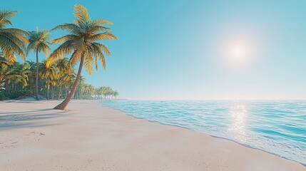 Obraz premium Idyllic tropical beach scene with palm trees, clear water, and bright sun.