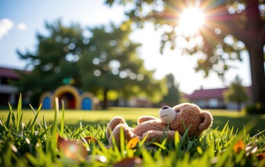 Fototapeta premium A heartwarming image of a soft brown bear relaxing on a bed of lush green grass.