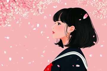 Beautiful young girl in a flowing black hair and school uniform stands amidst falling pink cherry blossom petals, symbolizing tranquility and youth in springtime
