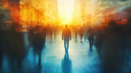 Obraz premium Contemplative figure walking alone on a sunlit path amidst a blurred crowd, symbolizing individuality and purpose, conveying hope, focus, and connection in a journey of self-discovery.