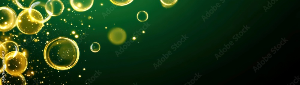Poster Elegant and Enchanting Golden Bubbles Floating Against a Deep Green Background with Sparkling Effects in an Abstract Visual Display of Light