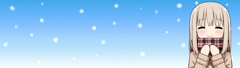 Fototapeta premium Cute girl with a scarf smiles happily in a snowy landscape with falling snowflakes against a bright blue background in this cheerful winter scene