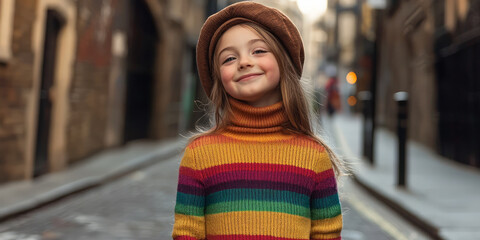 Fototapeta premium Smiling little girl wearing a colorful, striped turtleneck sweater and a brown beret hat, posing on the street, generative AI