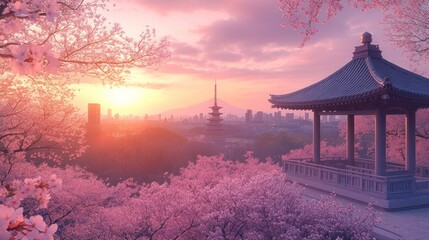 Obraz premium Sunrise Pagoda Cherry Blossoms Cityscape Asia Travel Poster