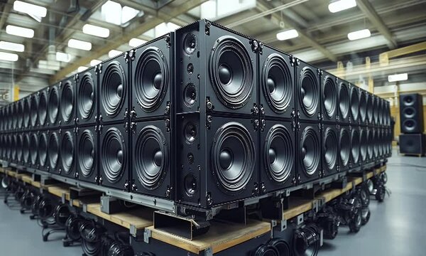 A close-up view of stacked speaker units in a warehouse, showcasing audio equipment design and storage.