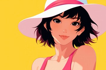 Young woman with short dark hair wearing a stylish sun hat, vibrant summer attire against a bright yellow background, ideal for fashion or summer concepts