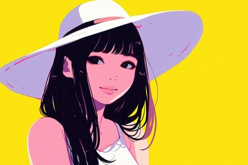 Stylish young woman with long black hair wearing a large white sun hat against a bright yellow background showcasing a cheerful and vibrant summer vibe