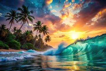 Double exposure captures Seychelles' breathtaking beach waves, a surreal ocean paradise.