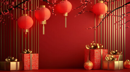 Lunar new year decoration background with lantern and gift box with angpao envelope. AI generated images.