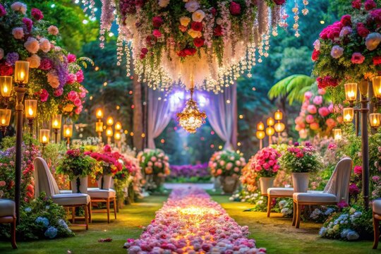 Dreamy AI-powered wedding: surreal floral ceremony, enchanted bridal space, fantasy photos immortalize the magic.