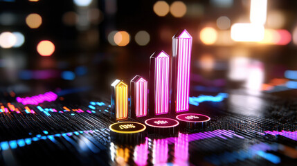 high tech 3D glowing bar chart in neon tones, showcasing vibrant growth percentages. colorful bars represent data trends, creating dynamic visual for analytics