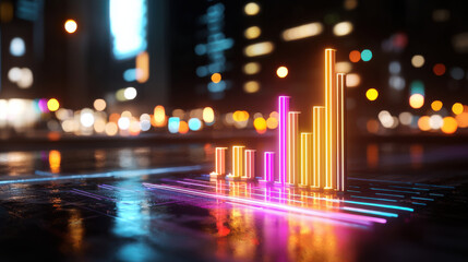 Obraz premium high tech 3D glowing bar chart in neon tones, showcasing vibrant colors against blurred city background. visual represents data analysis and modern technology