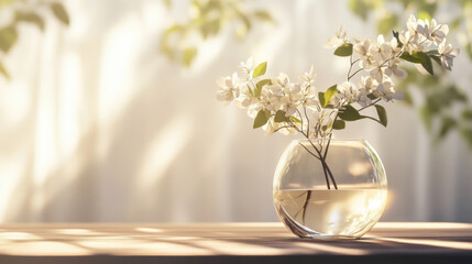 Fototapeta premium Beautiful bouquet of blooming flowers in a vase with a glass of champagne, showcasing nature's spring beauty in soft pink and white hues, perfect for a wedding or garden setting