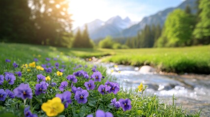 Obraz premium Purple flowers blooming by a stream, mountain backdrop, sunny spring day, idyllic nature scene for travel brochures