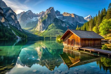 Fototapeta premium Serene blue lake mirrors majestic mountains; a picturesque boathouse completes the idyllic scene.