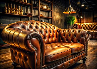 Obraz premium Low Light Leather Upholstery Design: Luxury Texture, Craftmanship, Handcrafted Details, Interior Design, Furniture, Night Photography