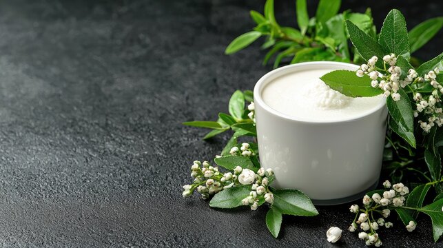 Creamy yogurt in bowl with spring blossoms, dark background.  Food photography for recipe or blog