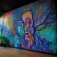 a mural with an AR layer. Describe how viewers would use a smartphone to reveal hidden animations or messages embedded in the artwork. Integrate symbols, text, or characters that connect the physical 