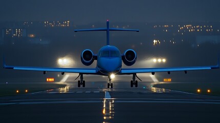 Blue plane taking off, subtle reflections under atmospheric lighting