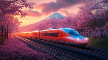 Fototapeta premium High-speed train, cherry blossoms, Fuji sunset, Japan, travel