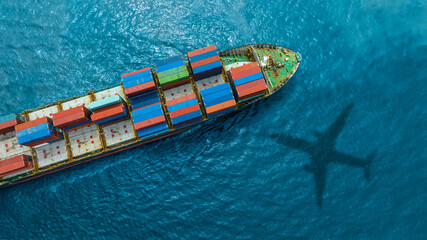 Aerial view of the freight shipping transport system cargo ship container. international...