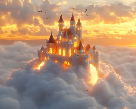 Fairytale castle on clouds at sunset. - Powered by Adobe