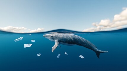 Naklejka premium Blue Whale Navigating Through Plastic Waste in Ocean