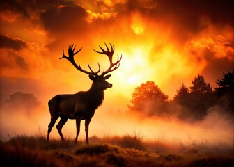 Epic wildlife photo: majestic red deer stag silhouetted against a misty dawn.
