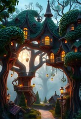 Fototapeta premium Enchanted Treetop Village: A whimsical, glowing fantasy scene