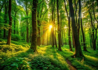 Fototapeta premium Sun-dappled sunlight filters through a lush, magical forest canopy, creating a serene, low-light scene.