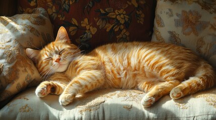 Sleeping orange tabby cat on a cozy sofa in sunlight enjoying a peaceful nap in a bright home interior with houseplants