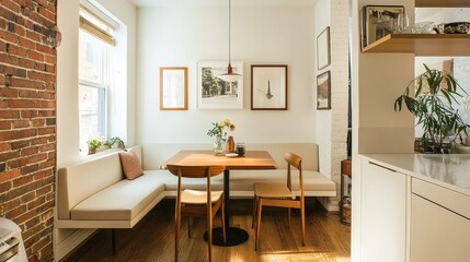 Fototapeta premium dining nook with a bench that doubles as storage space, surrounded by compact furniture.