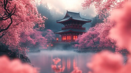 Obraz premium Misty dawn, Japanese temple, cherry blossoms, serene pond, digital art