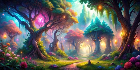 Fototapeta premium Fairytale forest, magical trees sway, mystical creatures roam, a realm of wonder awaits.