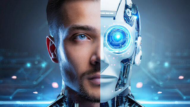 3d rendering humanoid robot with glowing eye on blue background. AI technology concept