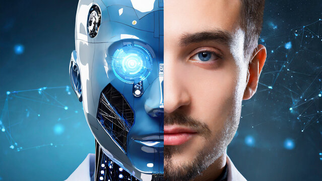 3d rendering humanoid robot with glowing eye on blue background. AI technology concept