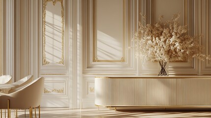Fototapeta premium Elegant Room Decor With Gold Accents And Cream Furniture