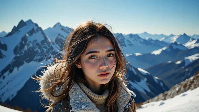 Beautiful woman in the snow mountains
