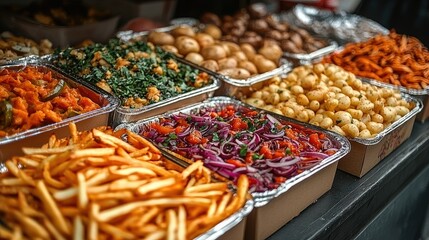 Fototapeta premium Assorted Food Items In Aluminum Containers Ready For Sale