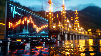 Digital graph displaying data trends near hydroelectric facility at dusk, with illuminated structures reflecting on water, creating vibrant and dynamic atmosphere