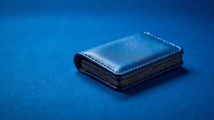 Elegant blue leather wallet with detailed stitching placed on a textured blue background. Compact and stylish accessory, sophistication and luxury, perfect for finance and lifestyle themes. No lable.