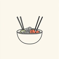Bowl of noodles with chopsticks on light background for food, restaurant, or menu illustration use